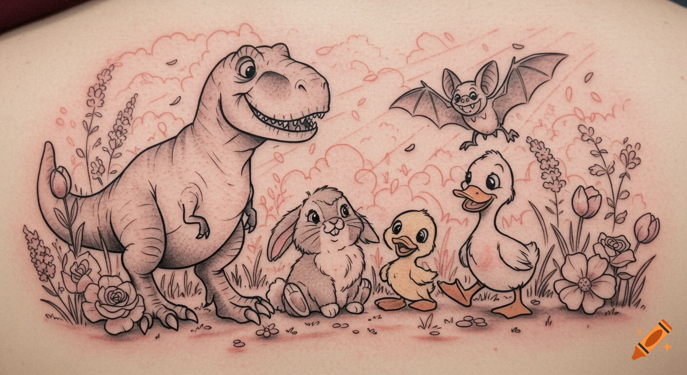 A whimsical black and grey tattoo on skin depicts a smiling T-Rex, a fluffy bunny, a happy duckling, and a bat in flight, surrounded by flowers and foliage.