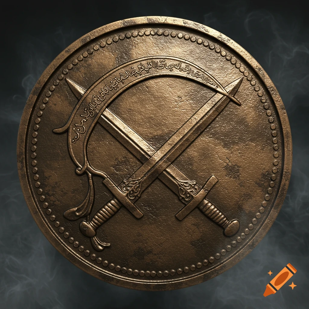 A detailed bronze coin featuring a shortsward and a scimitar crossed, with intricate engravings and text on a dark, smoky background.