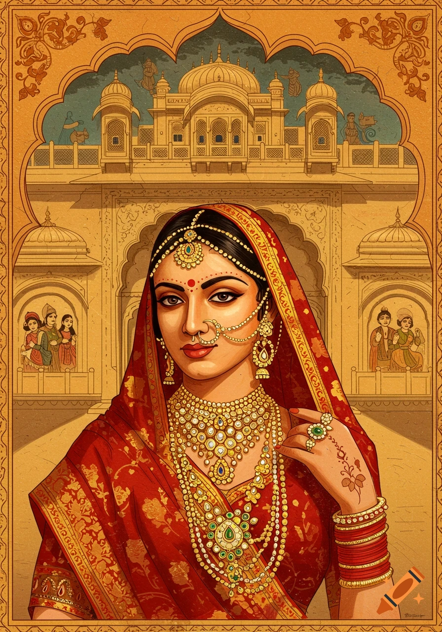 A vibrant painting of a woman in traditional Rajasthani attire with elaborate gold jewelry, against a detailed palace background.