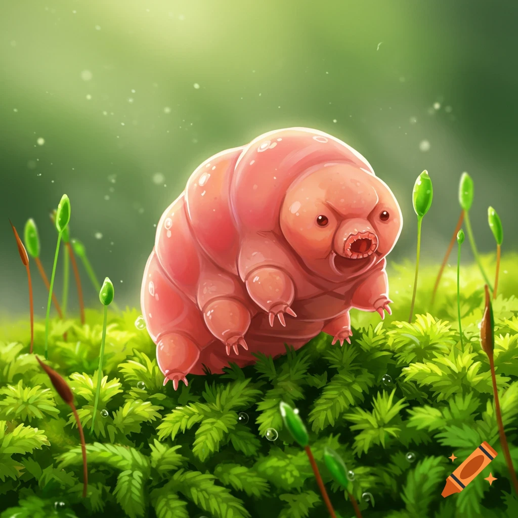 A cute, pink, plump tardigrade stands on bright green moss with tiny water droplets, bathed in soft sunlight.
