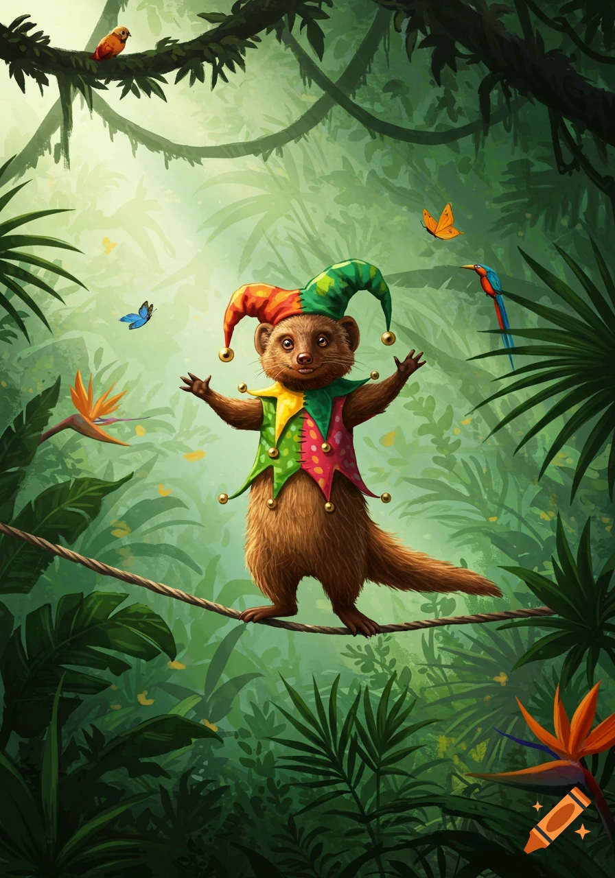 A cute, cartoonish mongoose wearing a colorful jester costume balances on a rope in a lush jungle. Birds and butterflies are nearby.