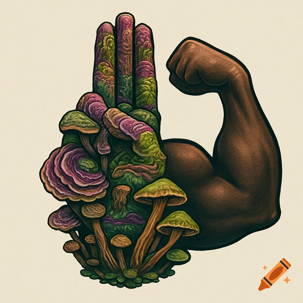 Stylized illustration of a human hand covered in various colorful mushrooms, next to a flexing bicep, on a plain background.