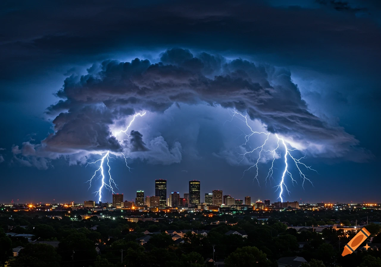 Photorealistic image of a city skyline at night under a dramatic thunderstorm with multiple lightning bolts.