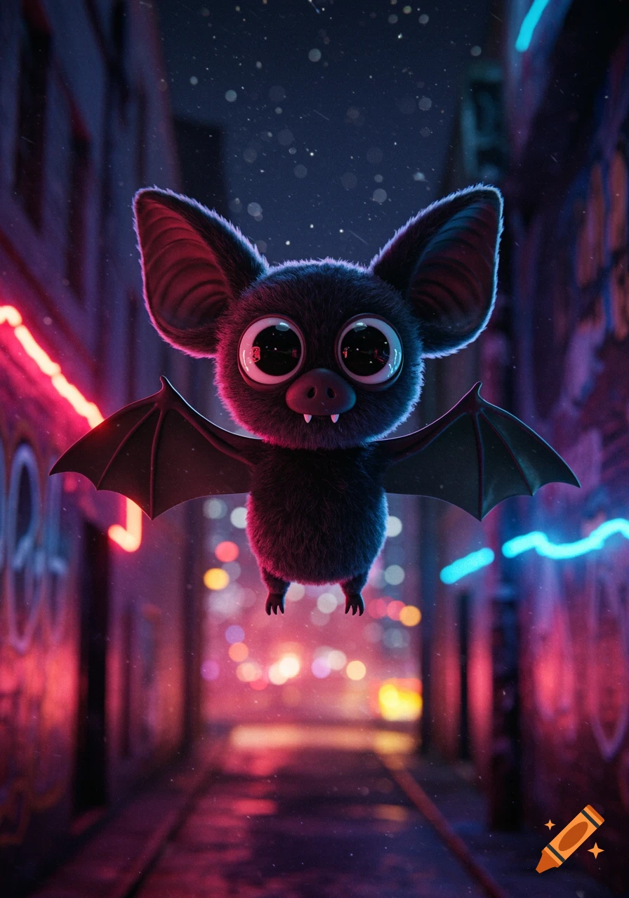 A cute, fluffy, cartoon-style black bat with big eyes flies in a dark, neon-lit urban alleyway at night.