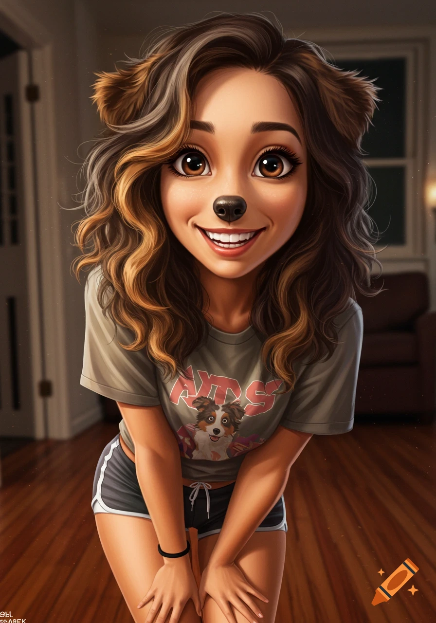 Cartoonish woman with dog ears and nose, dark wavy hair, smiling brightly in a t-shirt and shorts, standing in a cozy home.