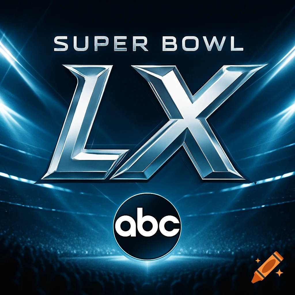 A Super Bowl LX logo concept with shiny silver text and the ABC logo, set against a dark stadium with blue lights.