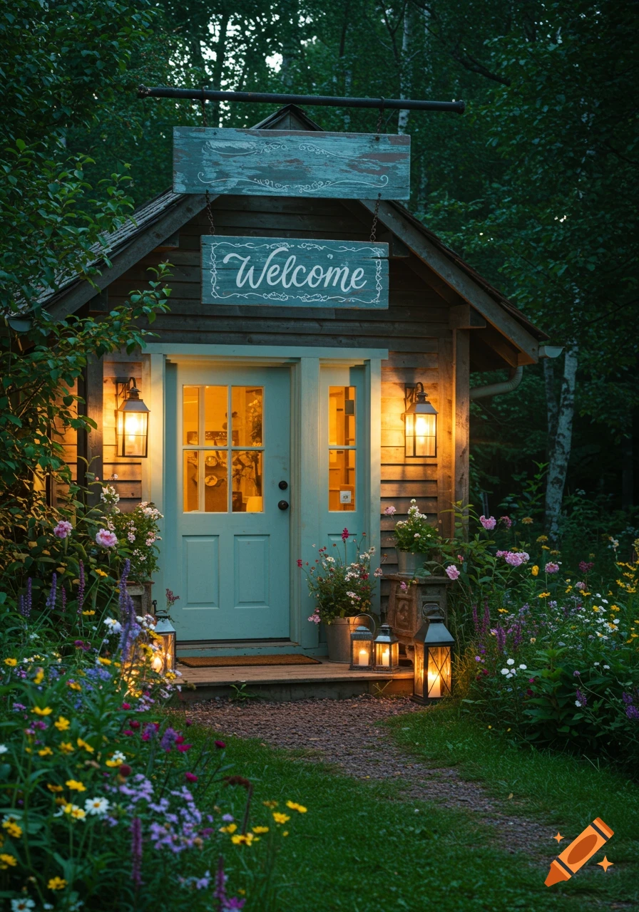 A rustic wooden shed with a pale blue door and a "Welcome" sign, surrounded by colorful flowers and illuminated by glowing lanterns at dusk.