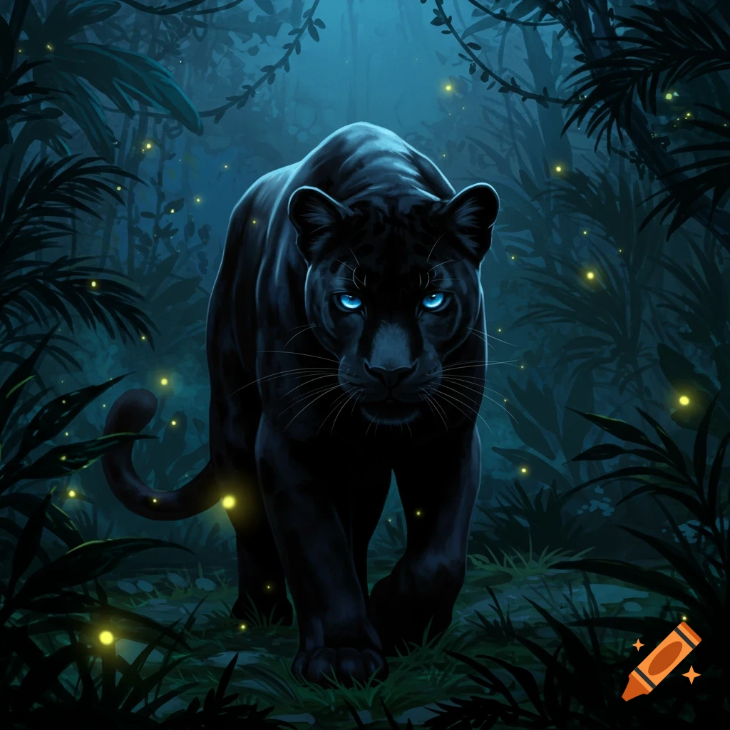 A black panther with piercing blue eyes stalks through a dark, mystical jungle illuminated by glowing fireflies.