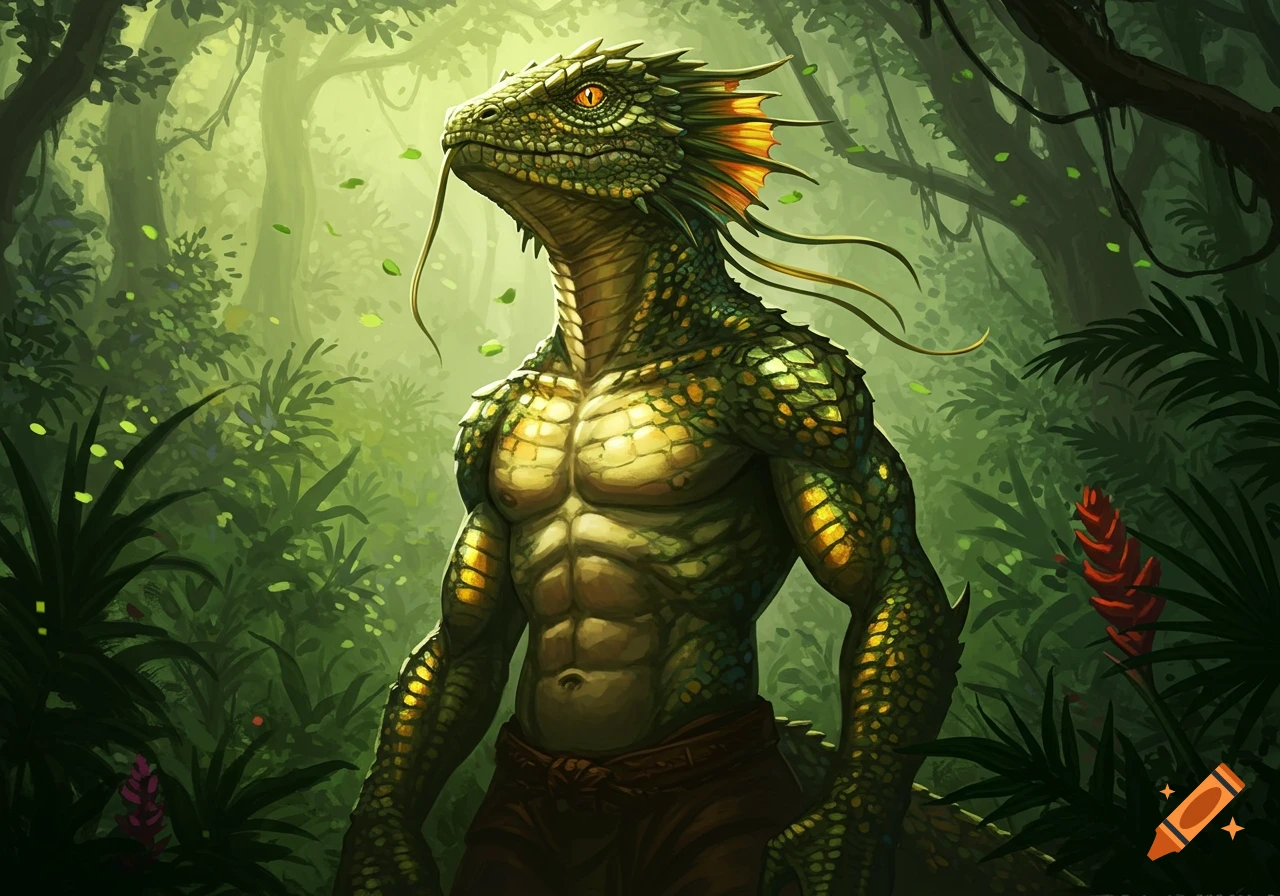 A muscular, green and gold lizardman with glowing orange eyes stands in a vibrant, lush jungle under soft light.