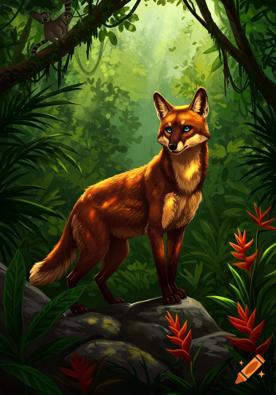 A reddish-brown fox with bright blue eyes stands on rocks in a lush green jungle, with a lemur visible on a tree branch above.