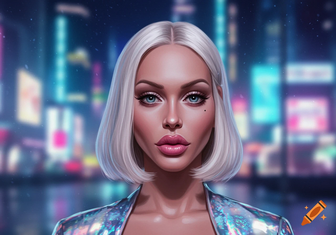 Close-up digital art portrait of a woman with white hair and plump lips, wearing a metallic jacket against a blurred neon city background.