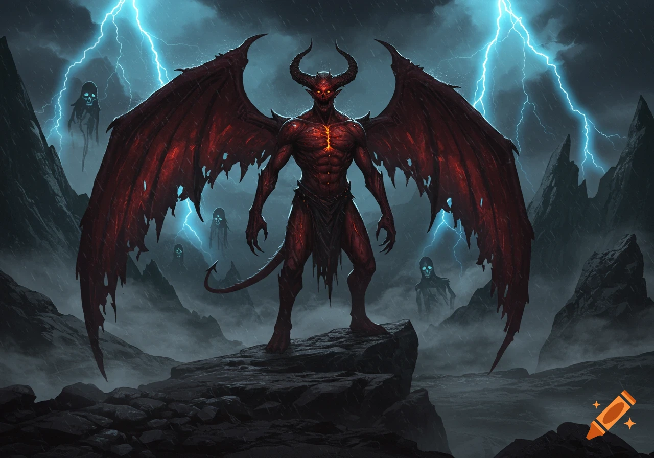 A demonic figure with large red wings and horns stands on a rock in a stormy, lightning-filled mountain landscape with spectral figures.
