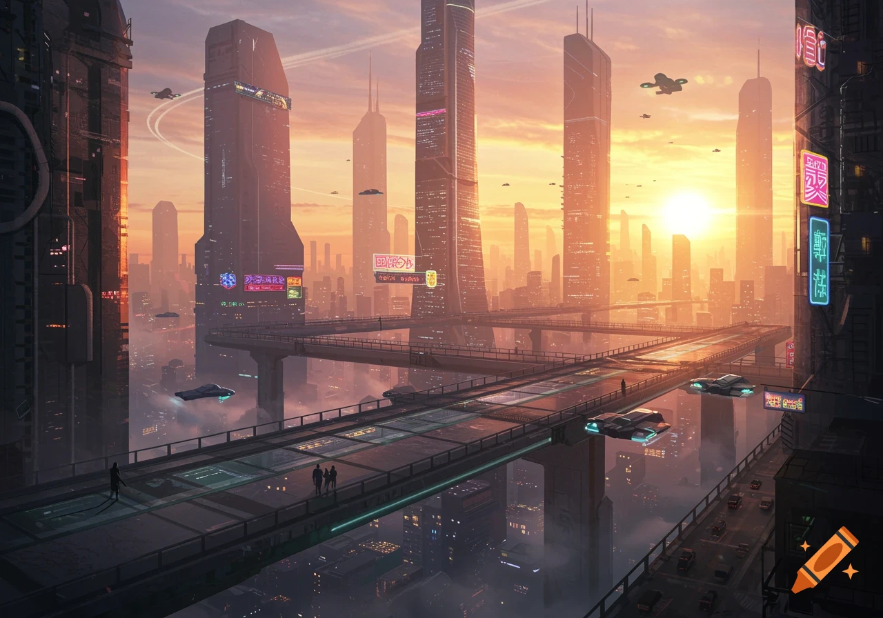 A vibrant futuristic cityscape at sunrise with tall skyscrapers, elevated roadways, and flying vehicles.