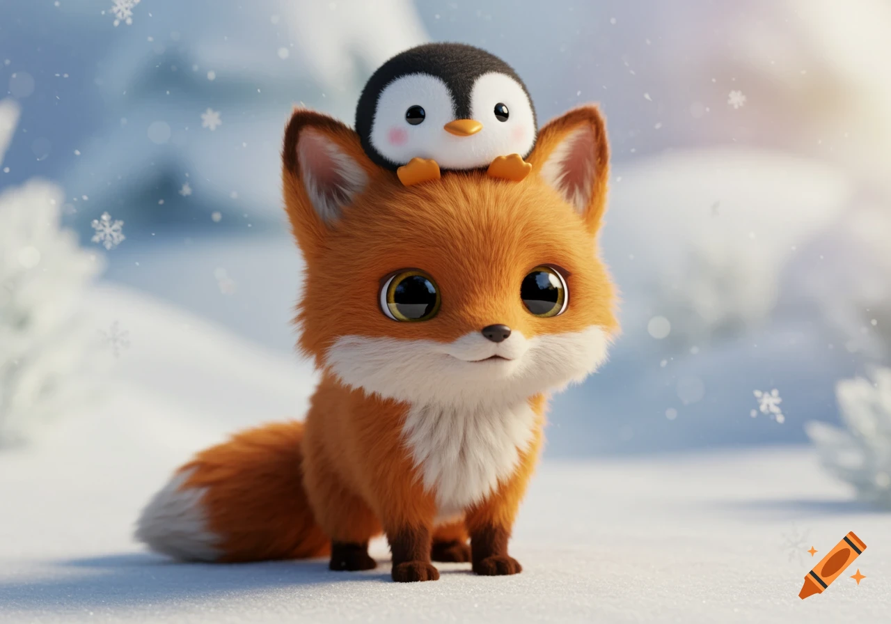 A cute, fluffy 3D cartoon fox with big eyes has a small penguin sitting on its head in a snowy winter scene with falling snowflakes.
