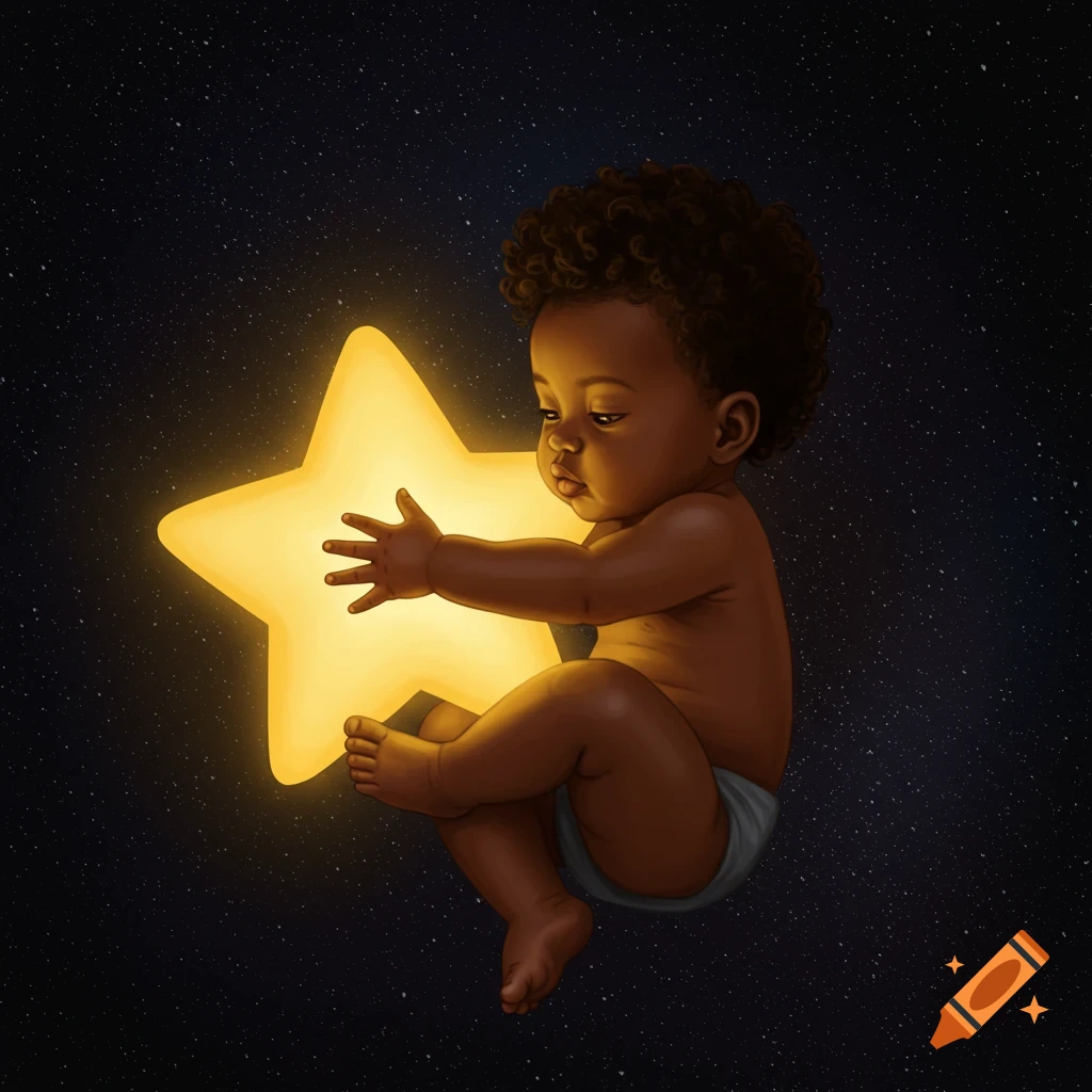 An ethereal illustration of a baby floating in a starry space, gently holding a glowing yellow star.