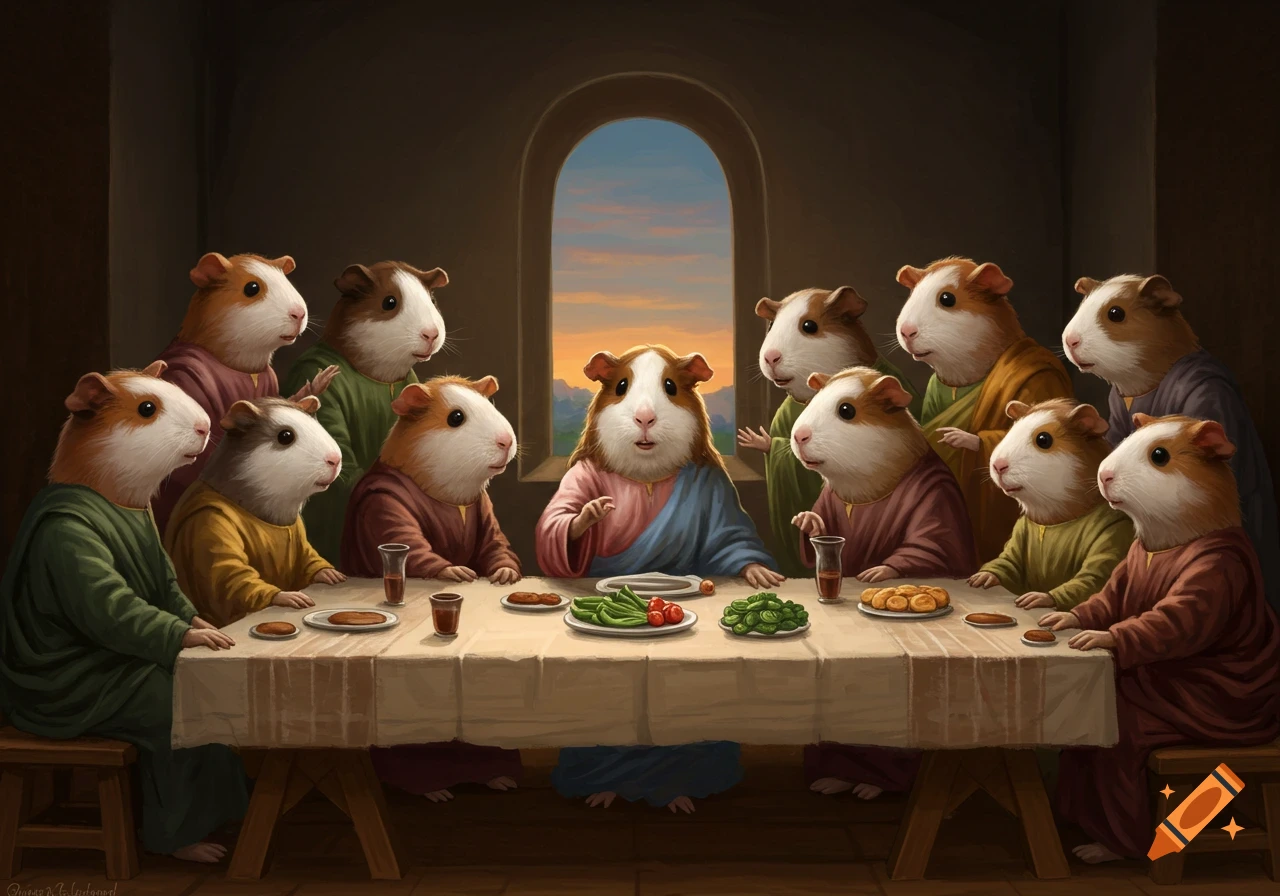A painting depicts guinea pigs dressed in robes, gathered around a table for a parody of The Last Supper, with one prominent guinea pig in blue and red.