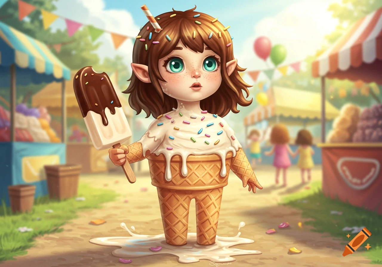 Whimsical illustration of a cute child character in an ice cream cone costume, holding a popsicle, at a sunny carnival.