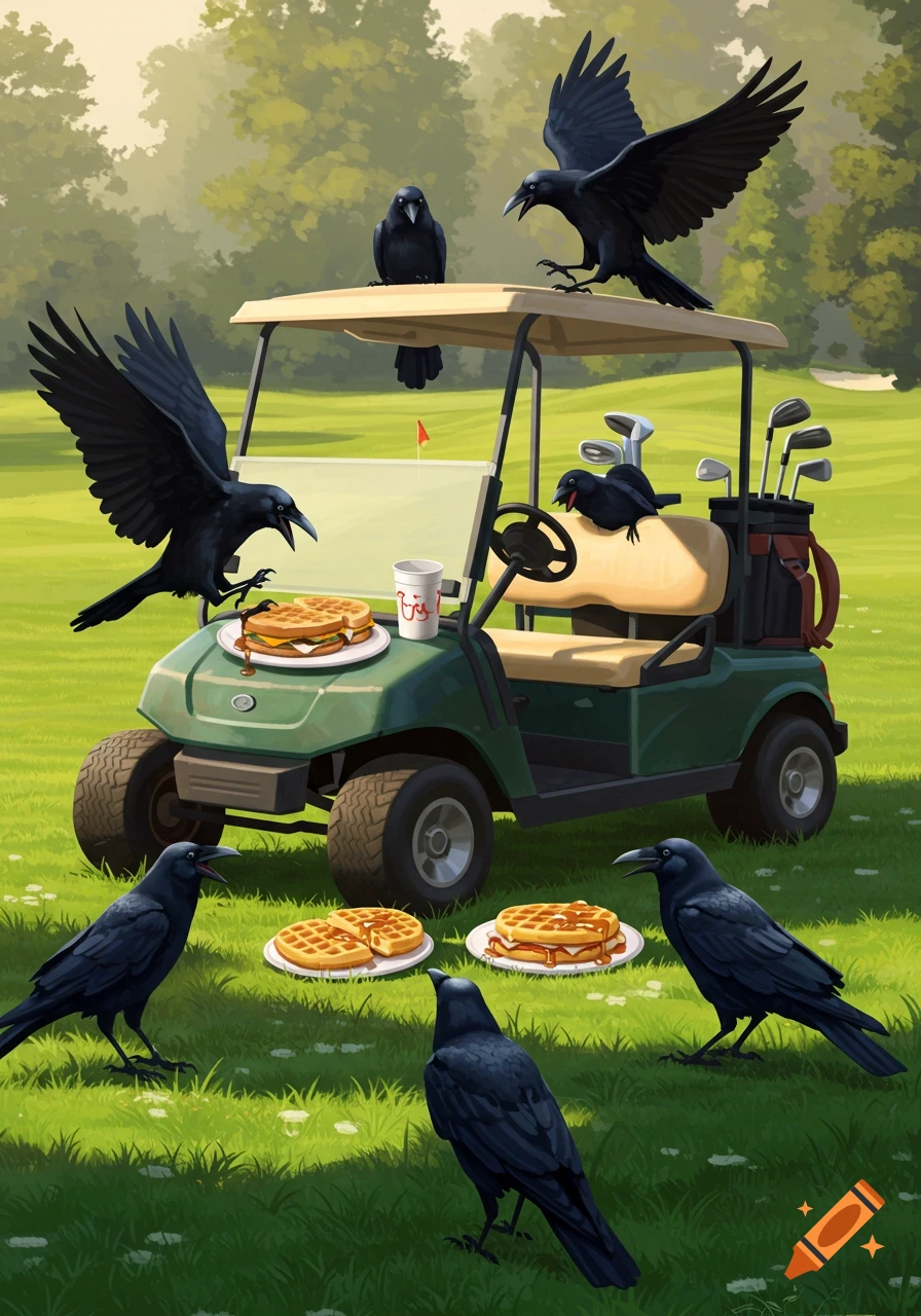 Black crows swarm a golf cart on a green golf course, eating breakfast sandwiches and waffles from plates and a fast food cup.