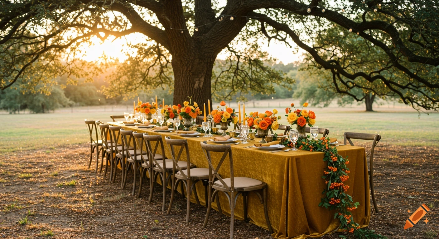 Long outdoor dinner table with gold velvet tablecloth and orange-yellow floral arrangements under a large oak tree at sunset.