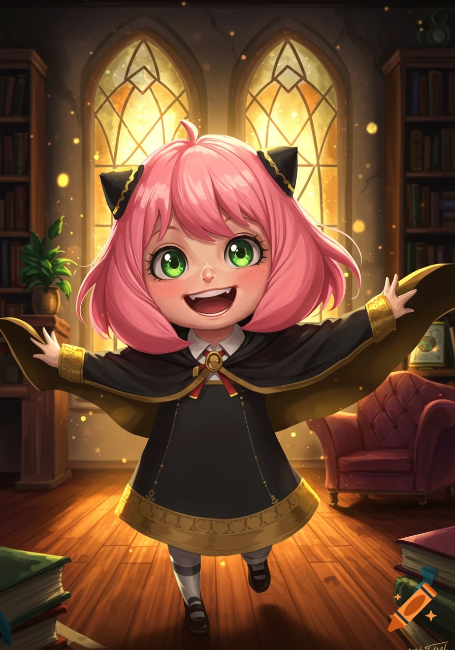A happy pink-haired anime girl with green eyes and cat-ear ornaments stands with arms open in a library with stained-glass windows.