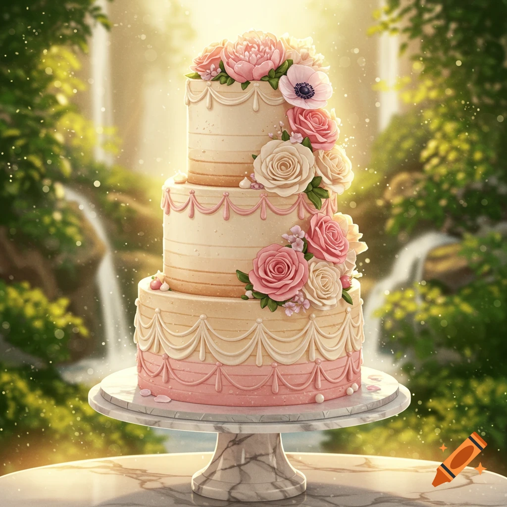 A beautiful tiered wedding cake decorated with pink and white flowers sits on a marble stand in an ethereal garden with a waterfall.