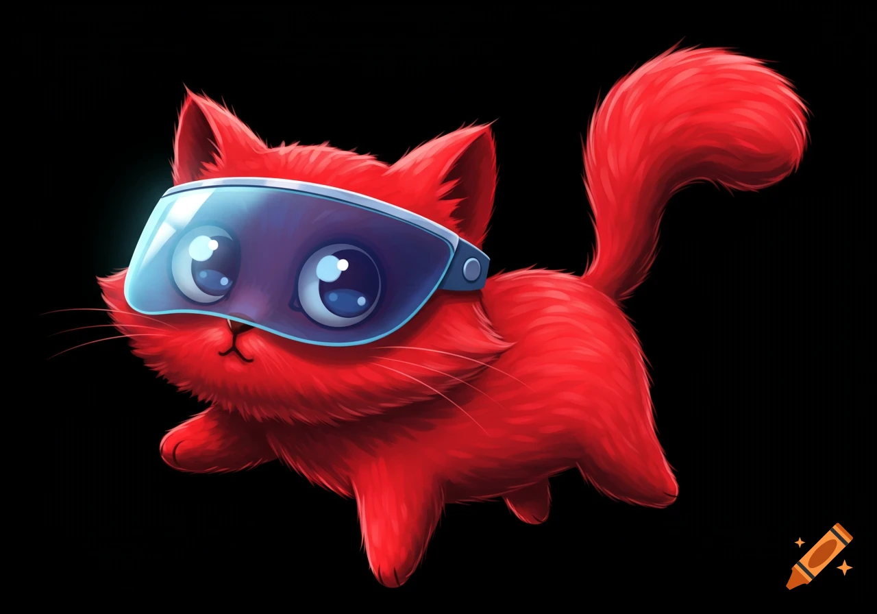 A cute, red, fluffy cartoon cat with large eyes wears a blue futuristic visor against a black background.