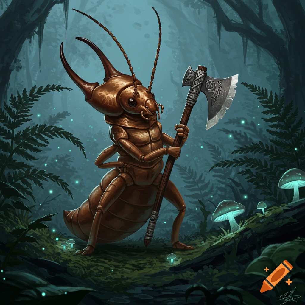 An anthropomorphic earwig character holding a battle axe stands in a glowing, dark fantasy forest.