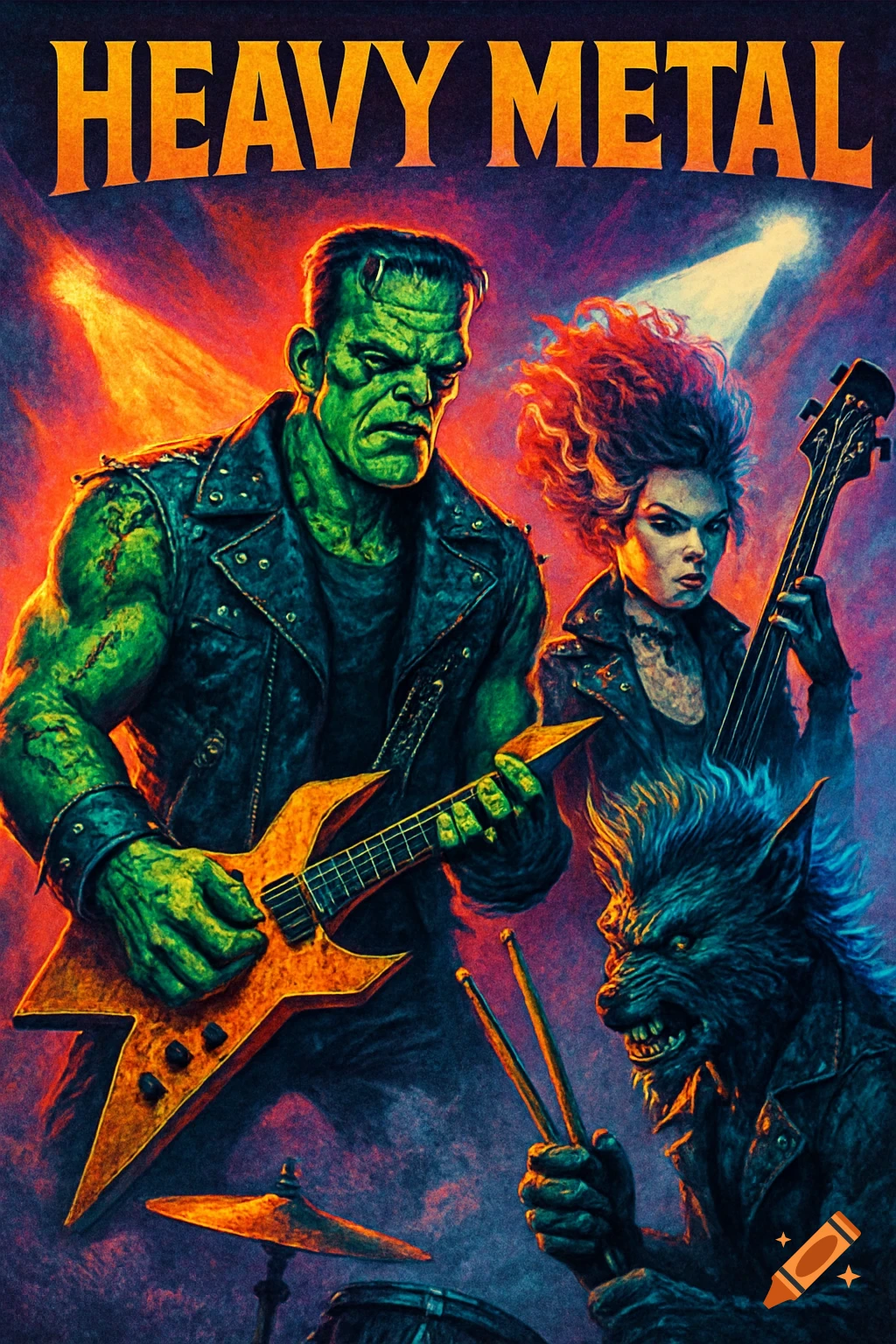 A vibrant concert poster depicts Frankenstein's monster on electric guitar, the Bride of Frankenstein on bass, and a wolfman on drums. Text reads "HEAVY METAL".