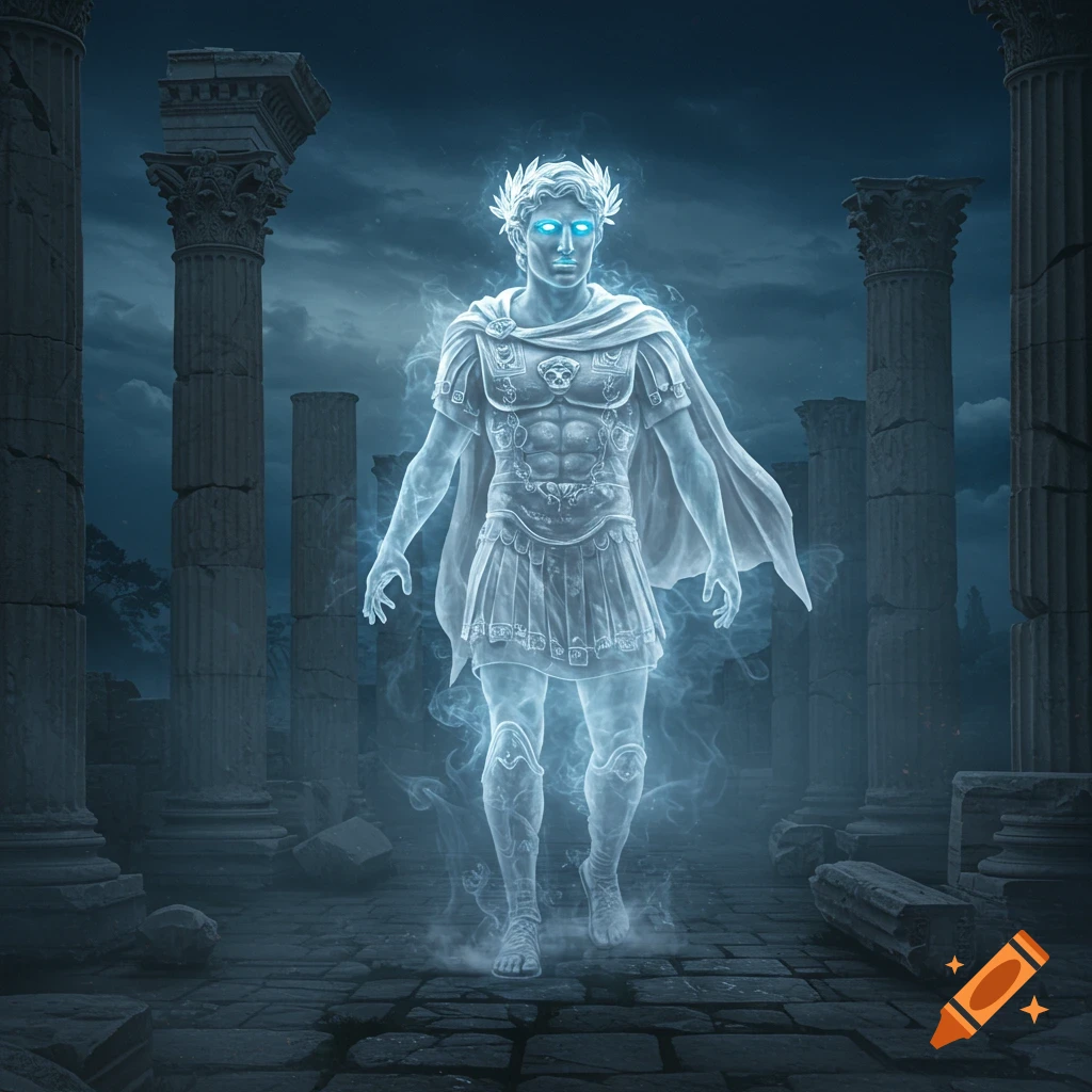Ghostly figure in ancient armor with glowing eyes stands in crumbling ruins under a dark sky, surrounded by ethereal mist.