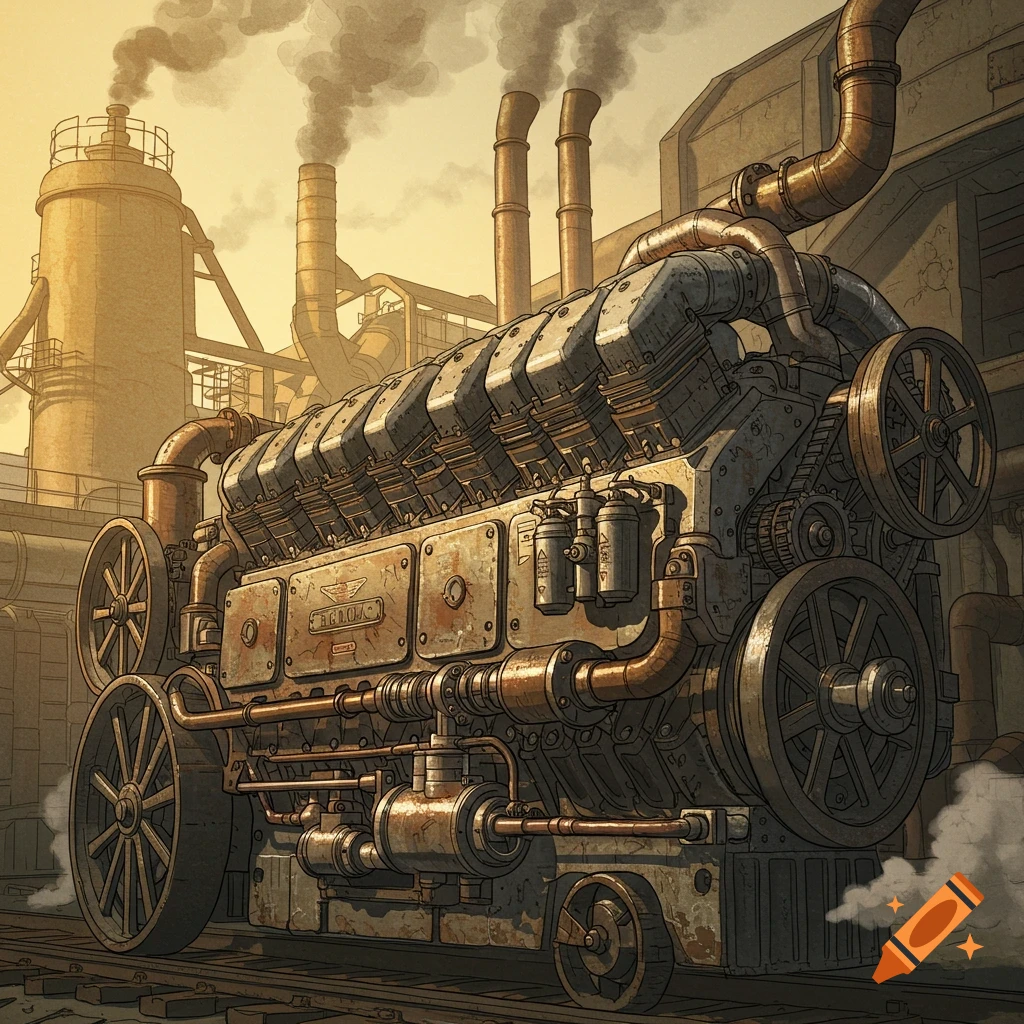 A detailed steampunk-style engine with pipes, gears, and wheels, set in an industrial factory with smoking chimneys.