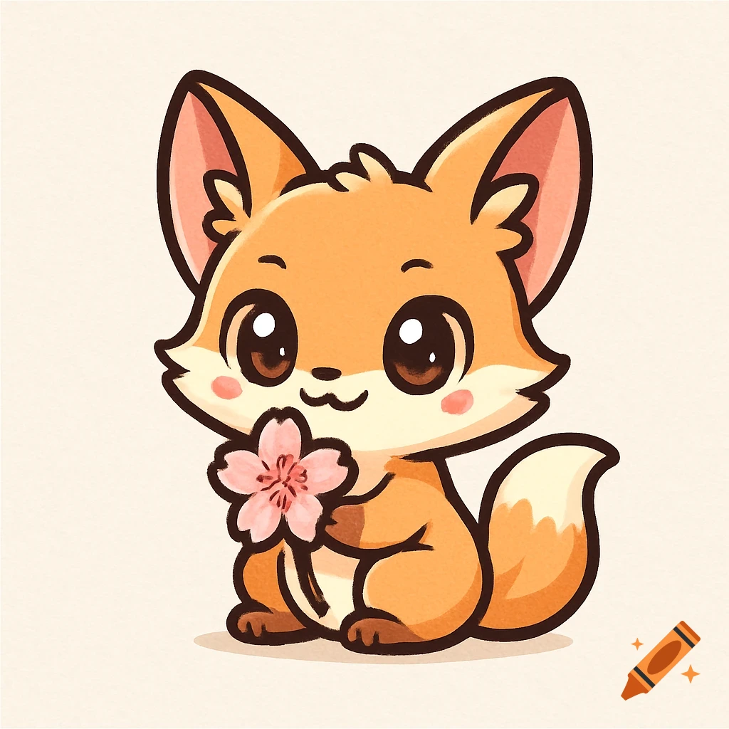 A cute anime style chibi fox holding a pink flower.
