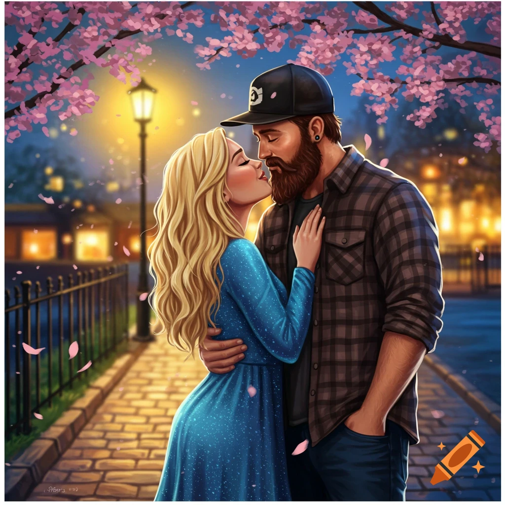 An illustration of a blonde woman in a blue dress about to kiss a bearded man in a baseball cap under pink cherry blossoms at night.