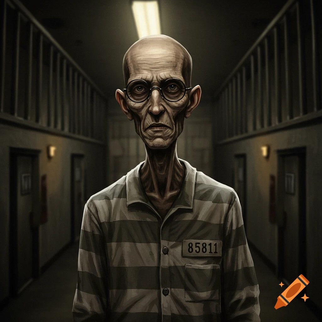 A gaunt, bald inmate wearing glasses and a striped uniform stands in a dark prison hallway.