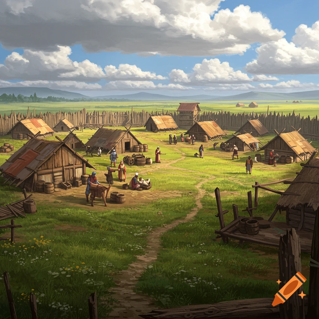 Illustrative concept art of a medieval shantytown on a grassy plain, surrounded by a wooden palisade under a cloudy sky.