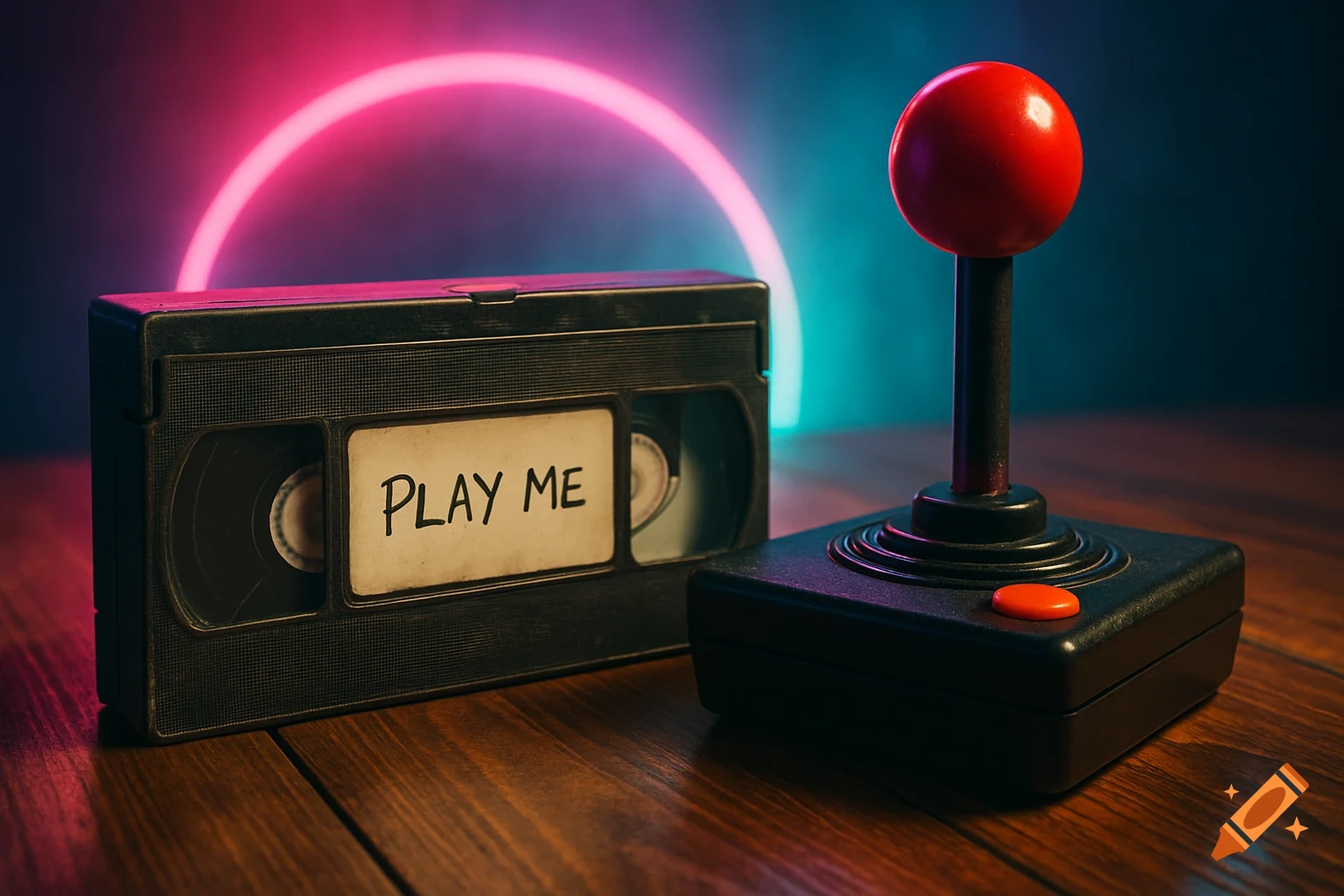 A vintage VHS tape labeled 'Play Me' next to an old arcade joystick on a wooden table, illuminated by neon lights with a retro 80s vibe.