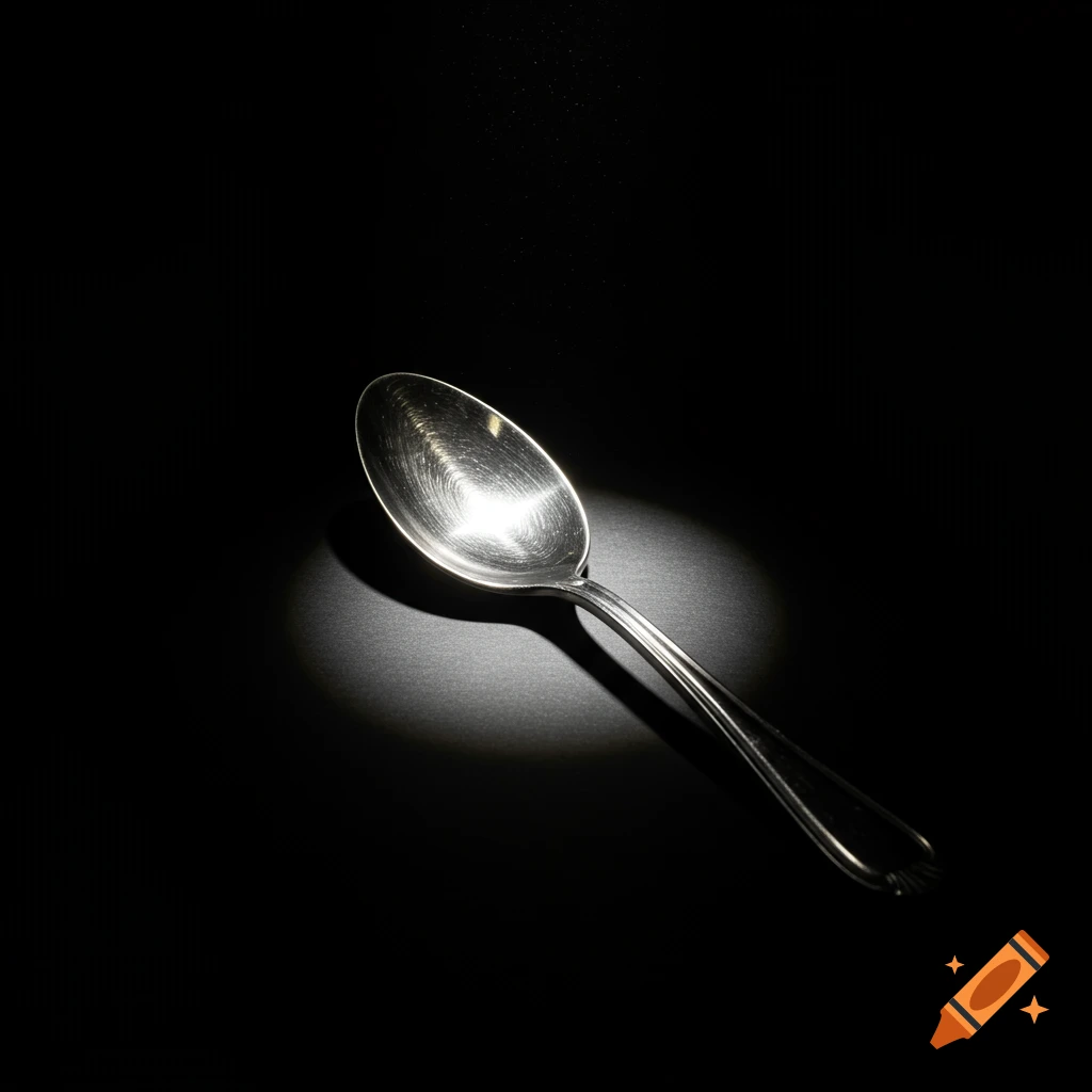 A silver spoon dramatically lit by a spotlight on a dark background.