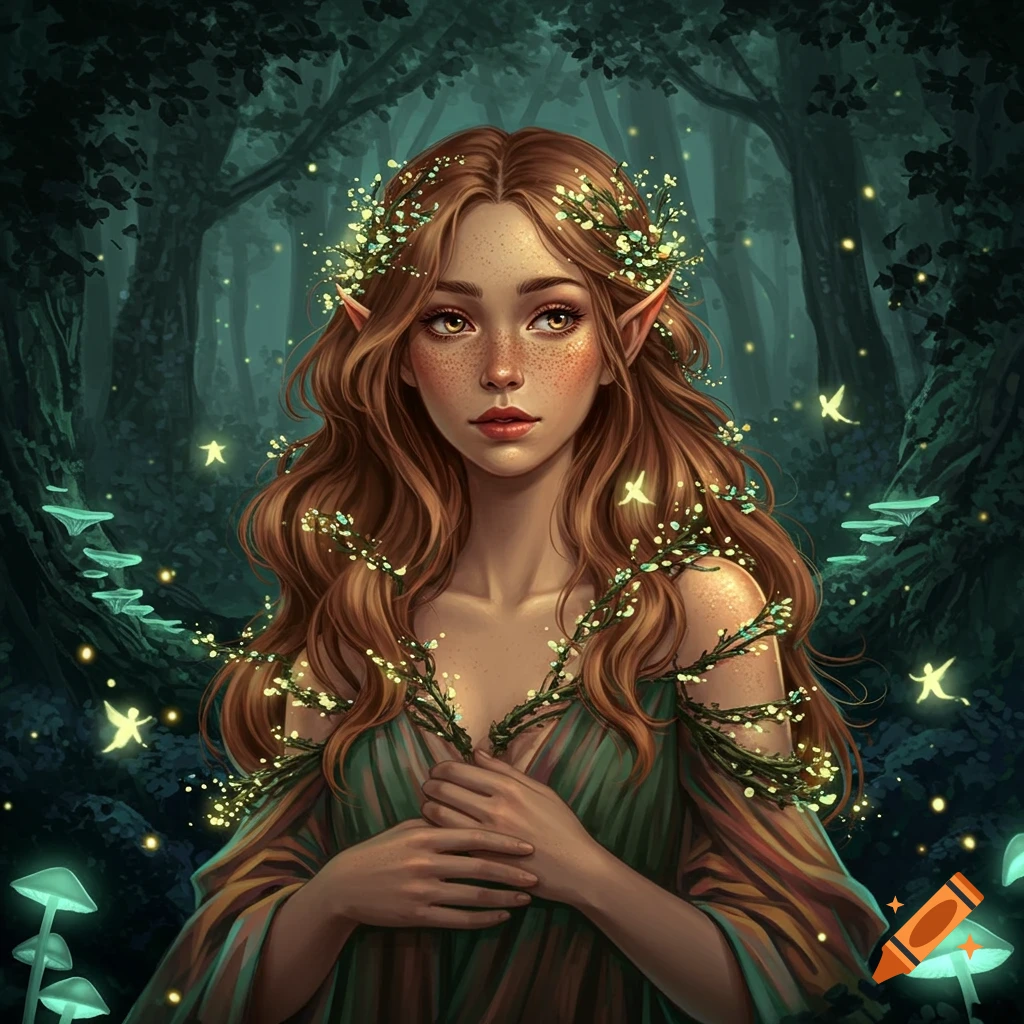 A portrait of a fantasy woman with long brown hair, freckles, and pointy ears, adorned with glowing vines, in an enchanted forest.