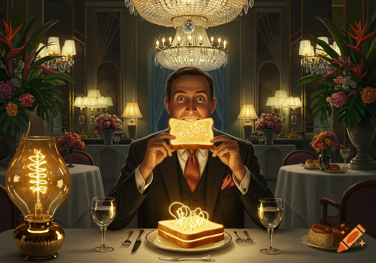 A man in a suit with wide eyes holds a piece of toast with white squiggles to his mouth at a fancy dining table. A glowing lightbulb-shaped lamp sits on the table, and another glowing toast is on his plate.