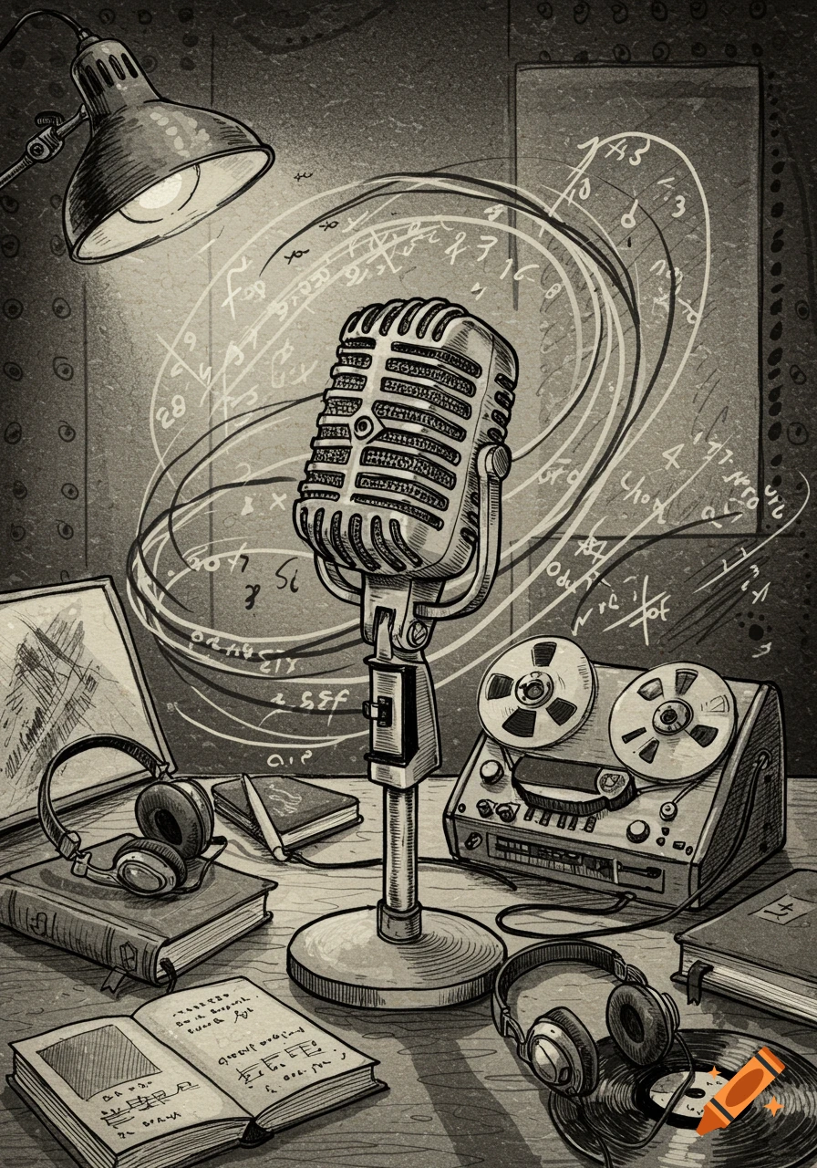 Sketch illustration of a vintage radio studio with a microphone, reel-to-reel player, headphones, books, and a lamp on a desk.