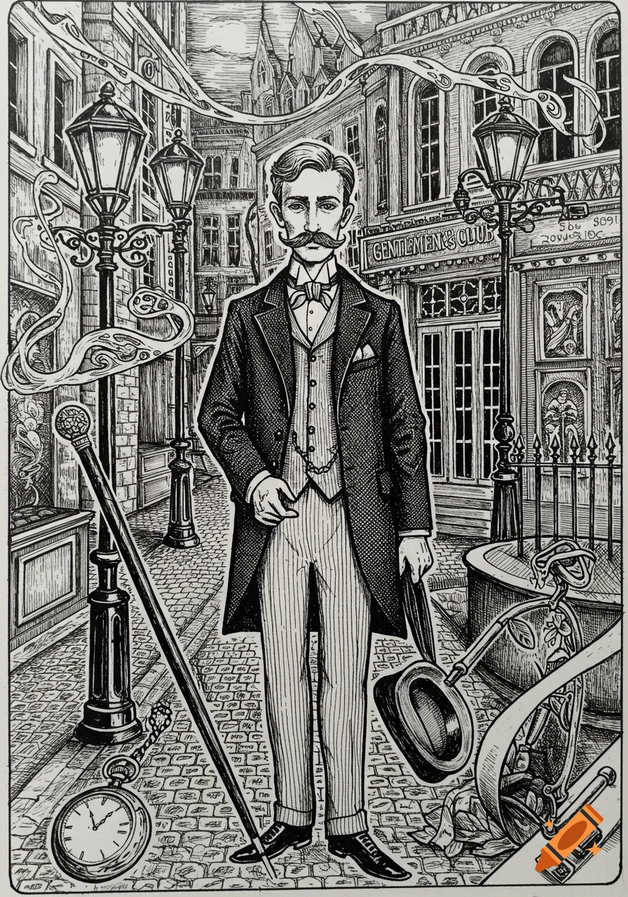 A black and white sketch drawing of a dandy in a tailored suit and top hat, holding a cane on a cobbled street with lampposts and buildings.