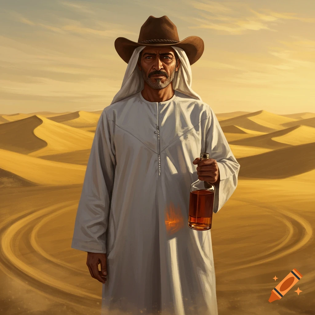 Photorealistic image of a Middle Eastern man in a thawb and cowboy hat holding a bottle of whiskey in a desert.