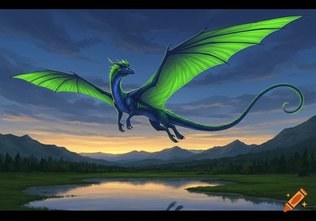 A blue and green dragon with large wings flies over a reflective lake, with mountains and a sunset sky in the background.