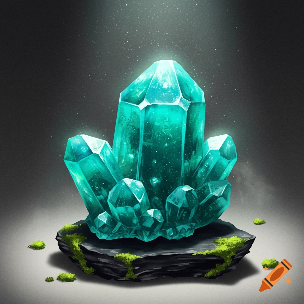 Luminous turquoise crystals on a dark rock base, with green moss and glowing particles in a dim environment.