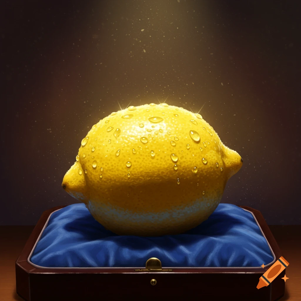 A shiny, wet lemon on a blue velvet cushion, under a spotlight.