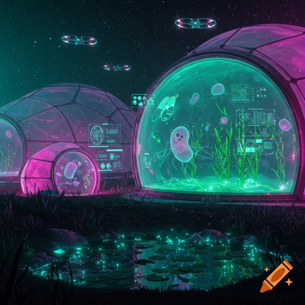 Bioluminescent amoebas in glowing futuristic research domes with screens, by a luminous pond at night under a starry sky, with drones.