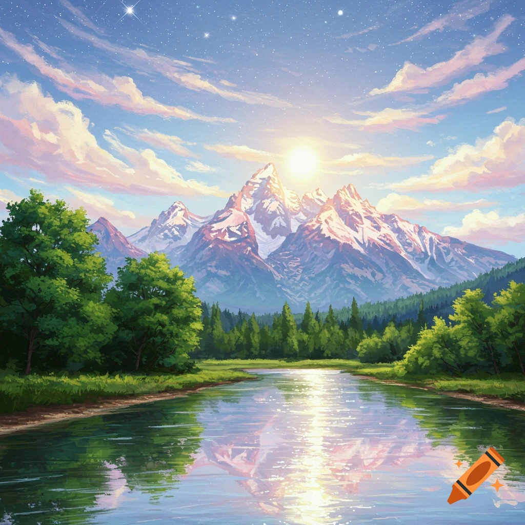 An impressionistic painting of a majestic mountain range, lush green trees, and a calm river reflecting the sun and stars.