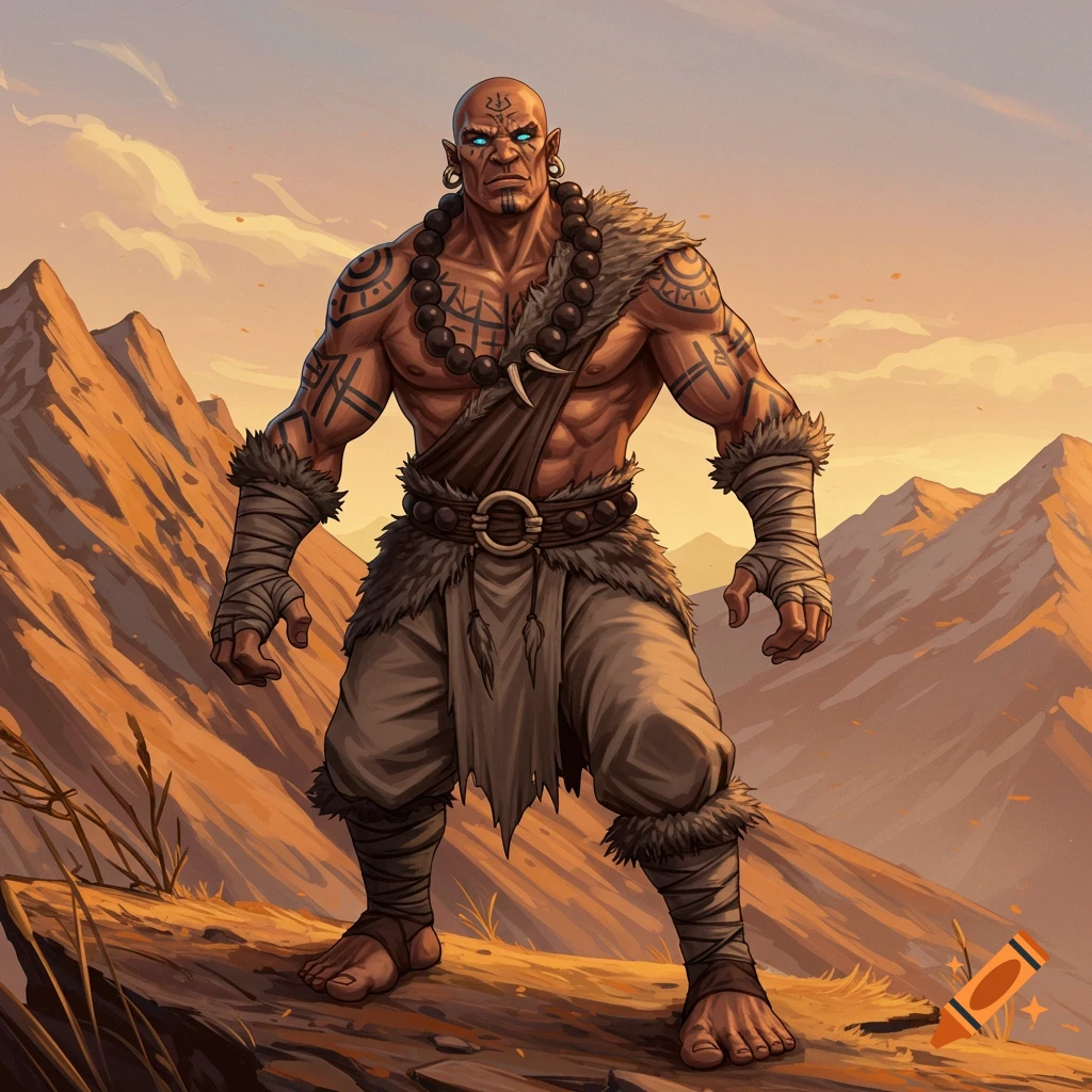 Bald, muscular male fantasy monk with runic tattoos, leather, and fur attire, standing on a mountain peak at sunset in digital art style.
