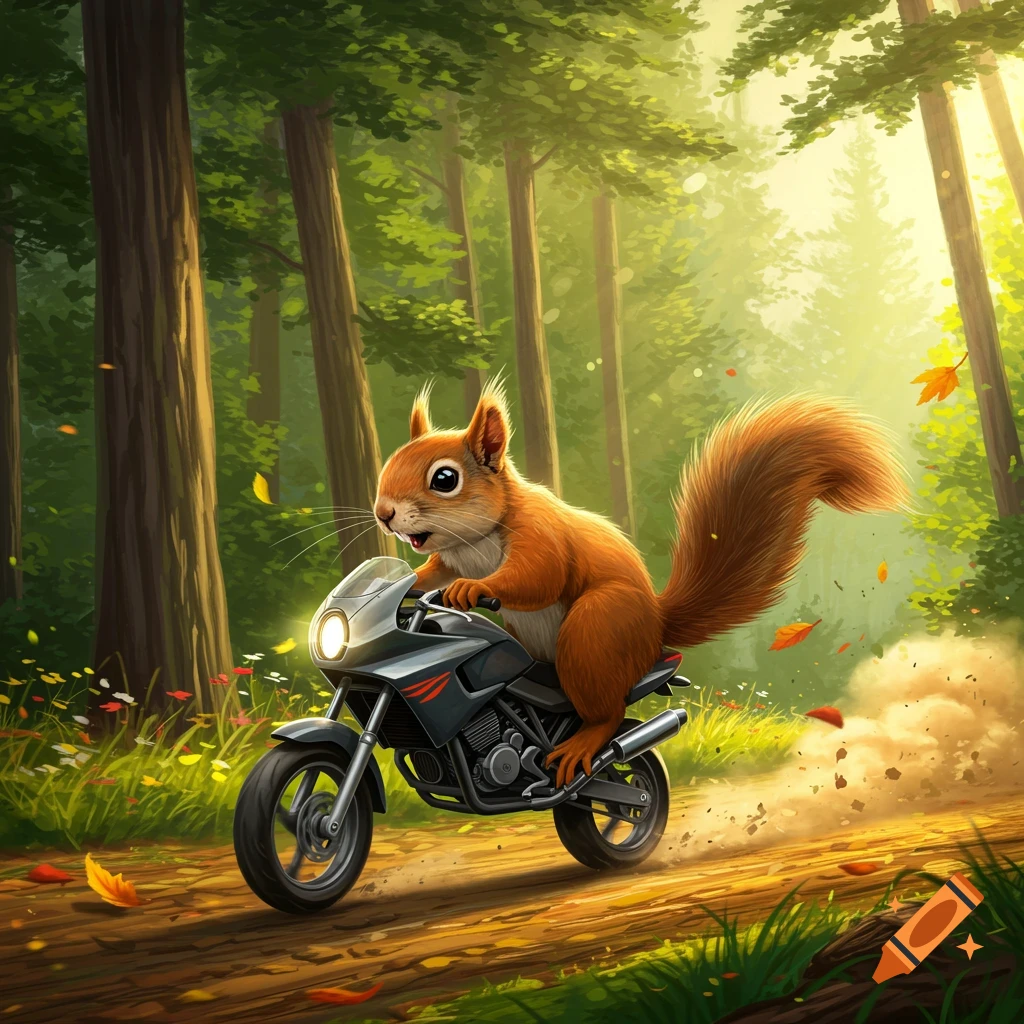 A cute squirrel rides a motorbike down a dirt path in a sunlit forest.
