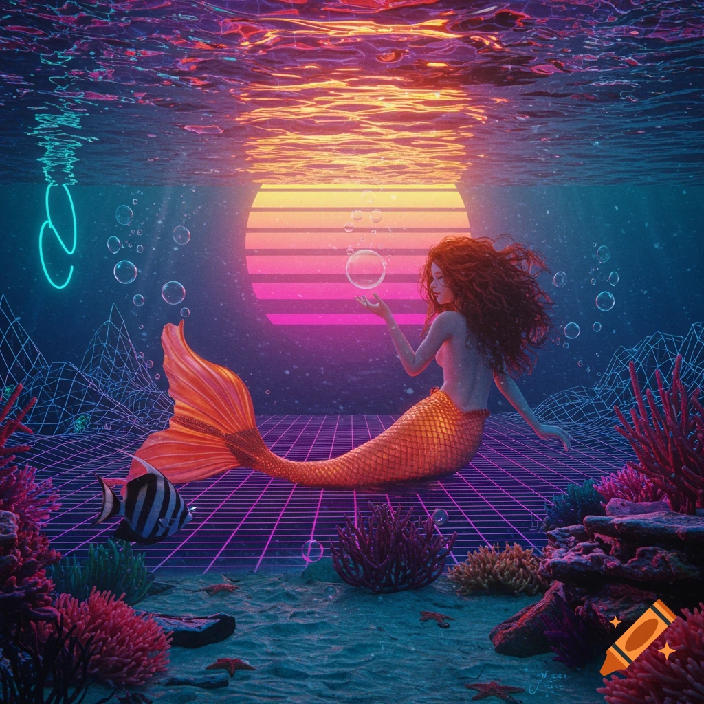 A red-haired mermaid with an orange tail sits underwater on a neon grid, reaching for bubbles. A synthwave sunset glows above, with coral and fish below.