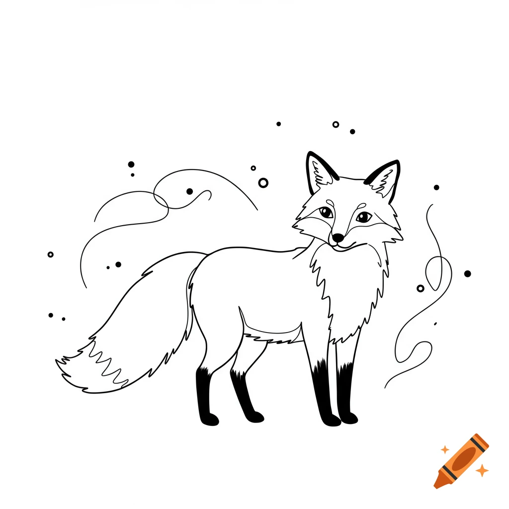 Black and white line art illustration of a cute fox standing.